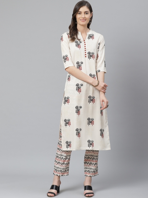 

AHIKA Women Off-White & Black Printed Kurta with Trousers