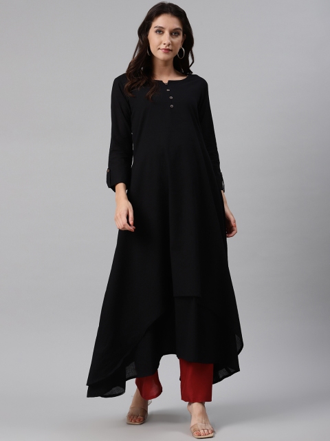 

AHIKA Women Black Solid A-line Asymmetric Cotton Kurta