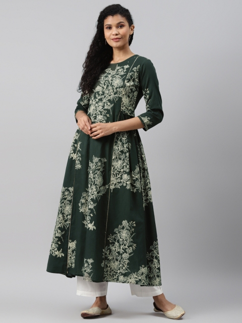 

AHIKA Women Green & Cream-Coloured Ethnic Motifs Printed Sequins Anarkali Kurta