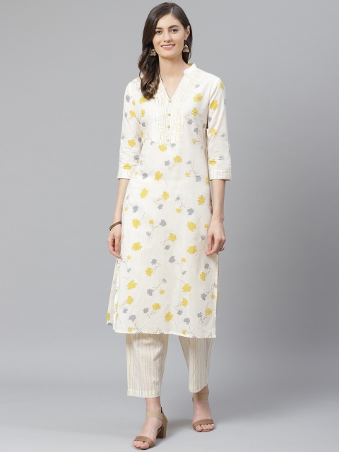 

AHIKA Women Off-White & Yellow Pure Cotton Printed Kurta with Trousers