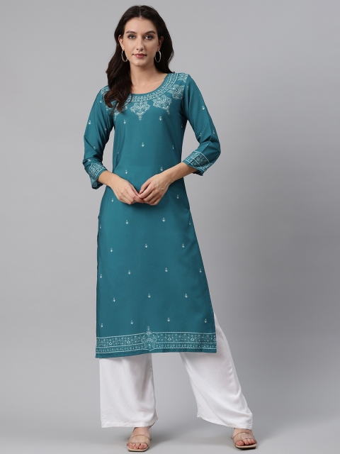 

AHIKA Women Teal Blue & White Ethnic Motifs Print Straight Kurta