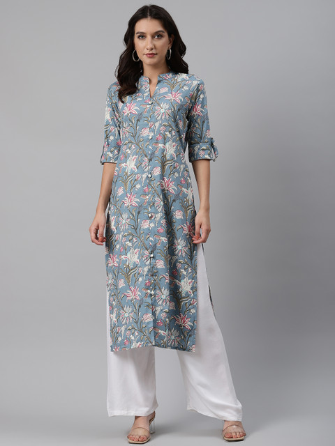 

AHIKA Women Blue & Pink Romantic Floral Print Straight Kurta
