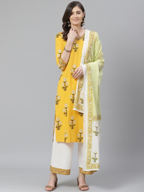 

AHIKA Women Yellow & White Printed Pure Cotton Kurta with Palazzos & Dupatta
