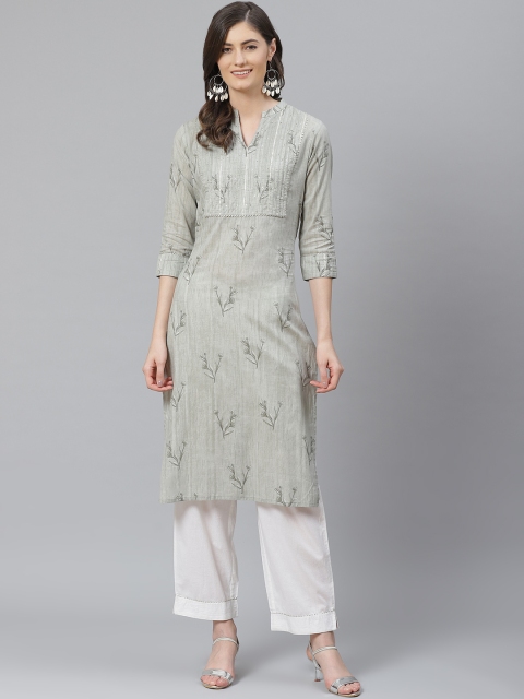 

AHIKA Women Grey & White Pure Cotton Printed Kurta with Trousers