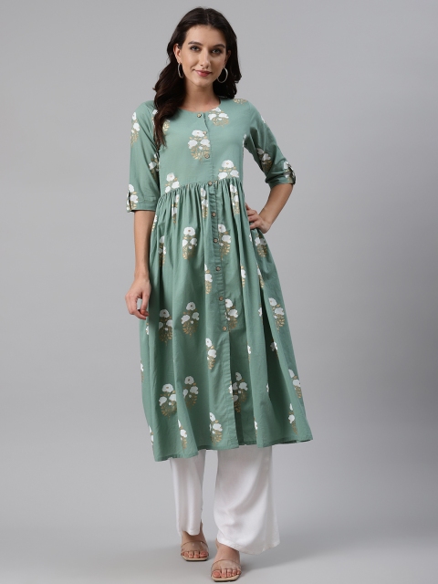 

AHIKA Women Green & Golden Floral Printed A-Line Pleated Front-Slit Cotton Kurta
