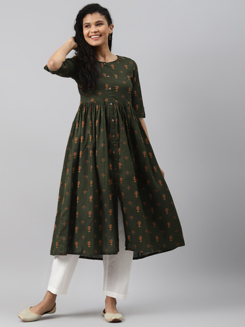 

AHIKA Women Green & Coral Ethnic Motifs Printed A-Line Kurta
