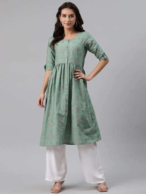 

AHIKA Women Green & Golden Floral Printed A-Line Pleated Front-Slit Cotton Kurta
