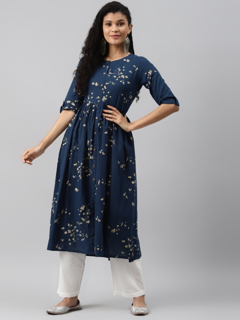 

AHIKA Women Navy Blue & Beige Ethnic Motifs Printed A-Line Kurta