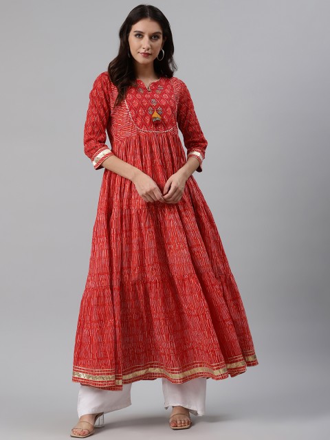 

AHIKA Women Red & White Striped Tiered Anarkali Kurta with Gotta Patti Work
