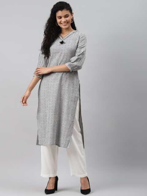 

AHIKA Women Off White & Navy Blue Striped Straight Kurta