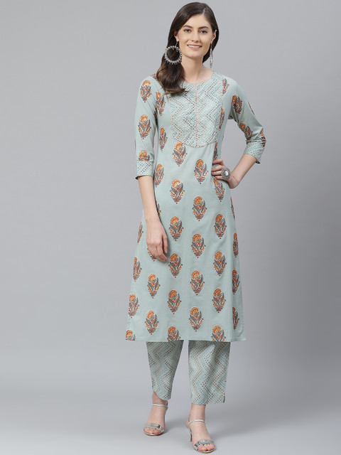 

AHIKA Women Green & Rust Orange Pure Cotton Printed Kurta with Trousers