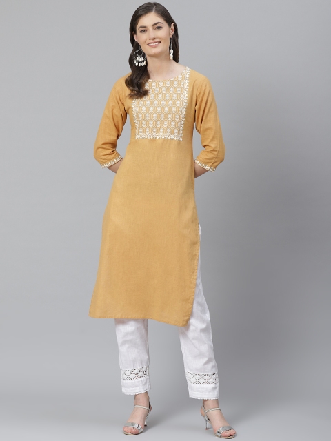 

AHIKA Women Mustard Yellow & White Pure Cotton Yoke Design Kurta with Trousers