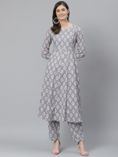

AHIKA Women Grey & Off-White Pure Cotton Printed Kurta with Trousers