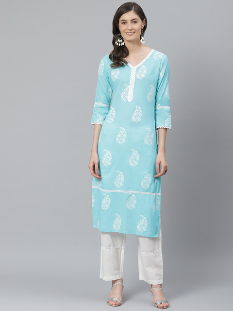 

AHIKA Women Blue & White Pure Cotton Printed Kurta with Trousers