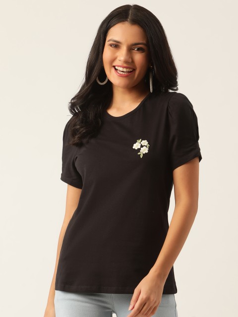 

DressBerry Women Black Pure Cotton Puff Sleeve Top with Embroidered Detail