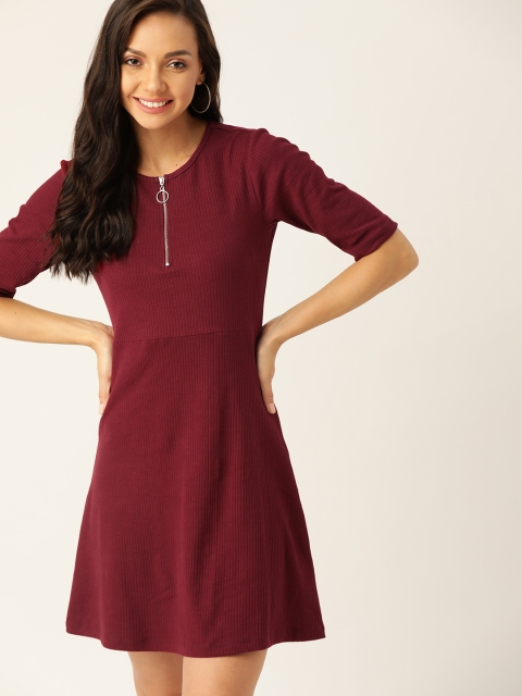 

DressBerry Maroon Ribbed A-Line Dress