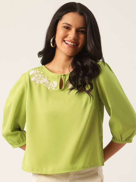 

DressBerry Women Lime Green Floral Keyhole Neck Regular Top