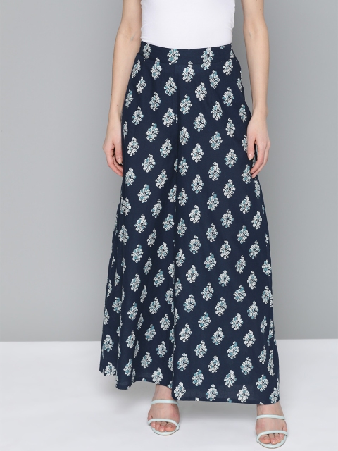 

HERE&NOW Women Navy Blue & White Printed Wide Leg Pure Cotton Palazzos