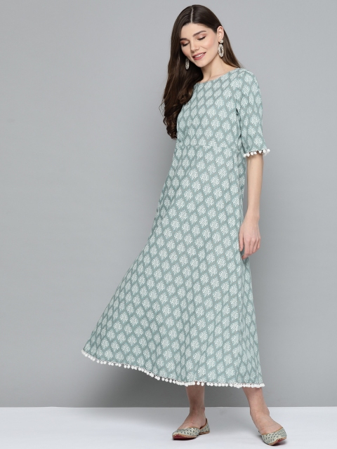 

HERE&NOW Women Green & Off-White Printed Maxi Pure Cotton Dress