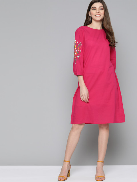 

HERE&NOW Women Pink Pure Cotton Solid A-Line Dress with Embroidered Detail
