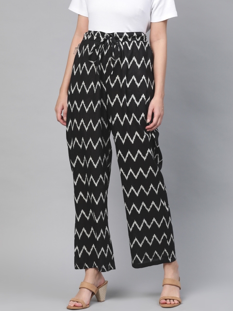 

HERE&NOW Women Black & White Chevron Printed Straight Palazzos