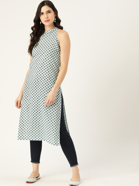 

Moda Rapido Women Blue & Black Ethnic Motifs Print Pure Cotton Halter Neck Straight Kurta