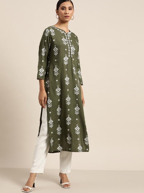 

Moda Rapido Women Olive Green & Silver Ethnic Motifs Printed Straight Kurta