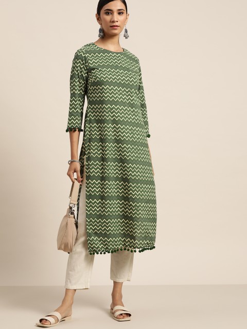 

Moda Rapido Women Green & Cream-Coloured Pure Cotton Chevron Printed Kurta