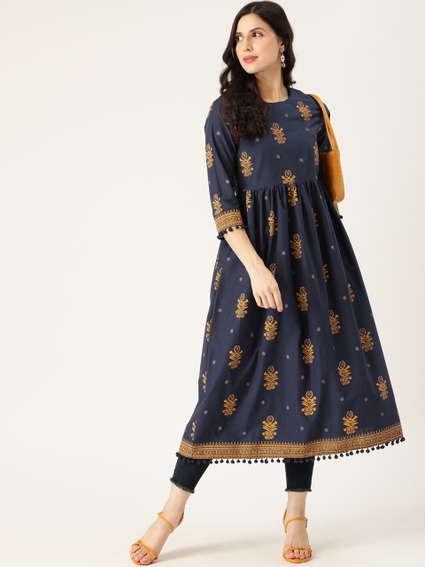 

Moda Rapido Women Navy Blue & Mustard Yellow Ethnic Motifs Print Cotton A-line Kurta