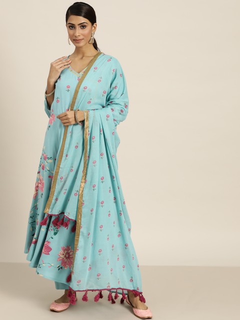 

Moda Rapido Women Blue Floral Print Angrakha Kurta with Trousers & Dupatta