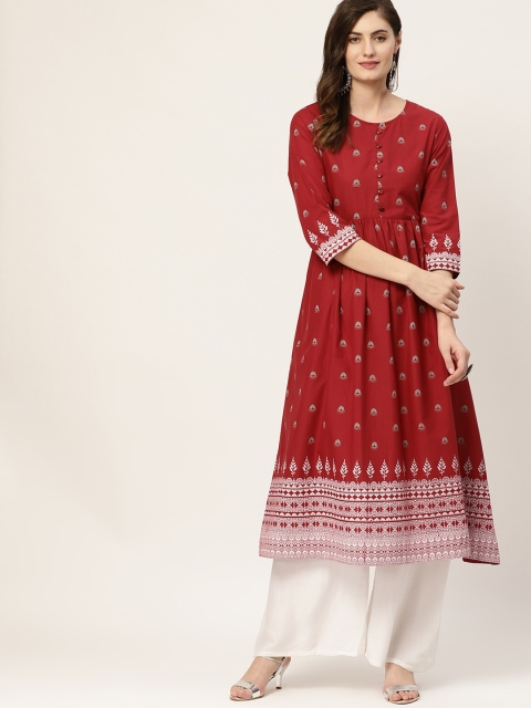 

Moda Rapido Women Red & Golden Cotton Ethnic Motifs Printed A-Line Kurta