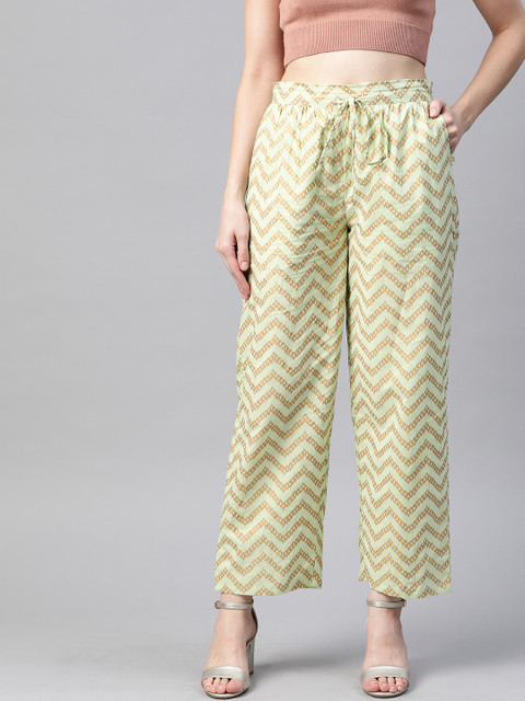 

HERE&NOW Women Green & Golden Pure Cotton Chevron Print Ethnic Palazzos