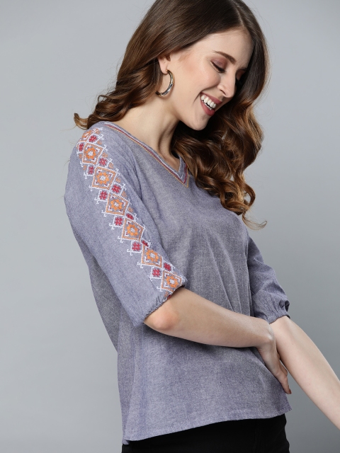 

HERE&NOW Grey Puff Sleeve Cotton Regular Top