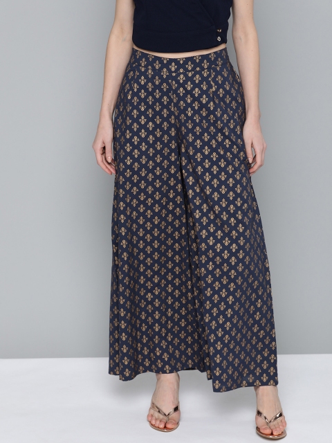 

HERE&NOW Women Navy Blue & Golden Pure Cotton Printed Flared Palazzos
