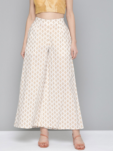 

HERE&NOW Women White & Golden Pure Cotton Printed Flared Palazzos