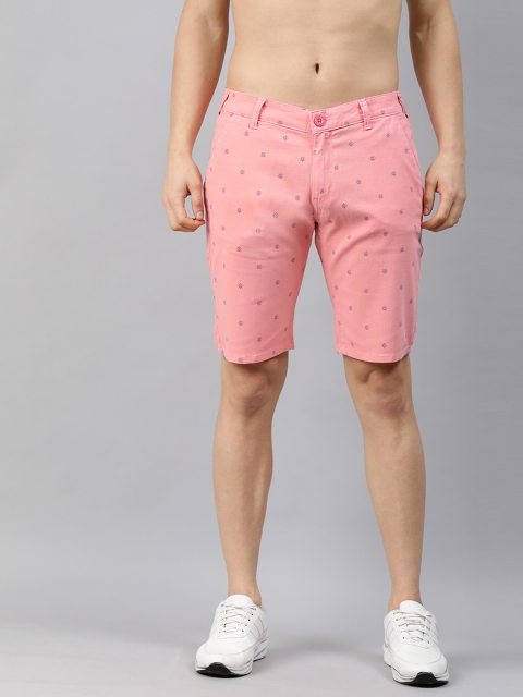 

HERE&NOW Men Coral Pink Printed Slim Fit Mid-Rise Chino Shorts