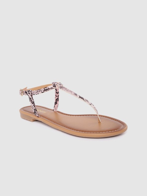 

DressBerry Women Peach-Coloured & Black Snakeskin Print T-Strap Flats