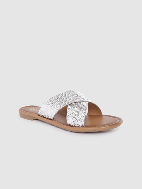 

DressBerry Women Silver-Toned Basketweave Textured Open Toe Flats