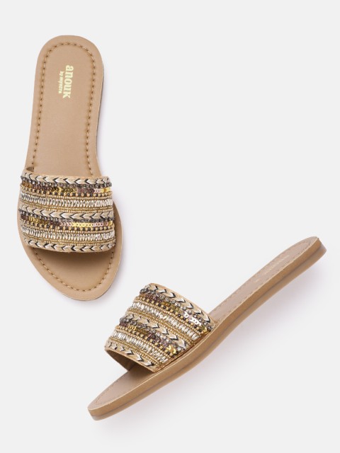 

Anouk Women Beige & Gold-Toned Embellished Open Toe Flats