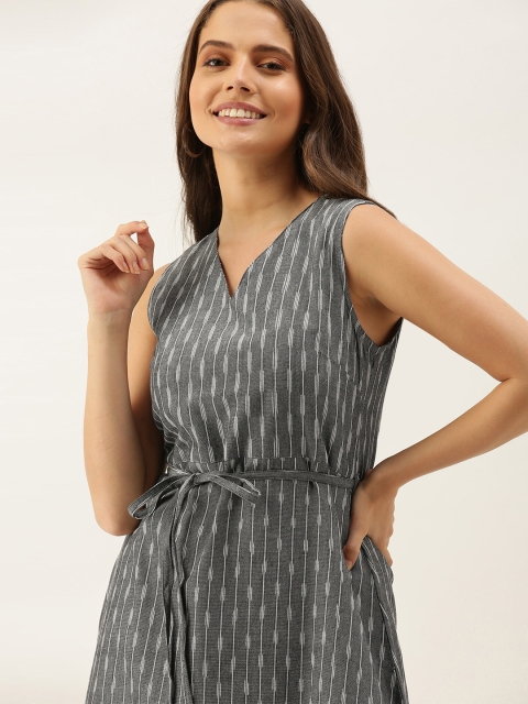

Taavi Grey & White Ikat Woven Design Sustainable A-Line Dress