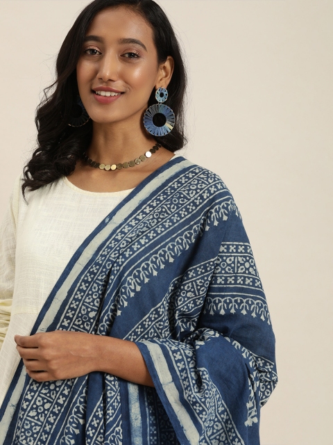

Taavi Women Navy Blue & White Indigo Printed Dupatta