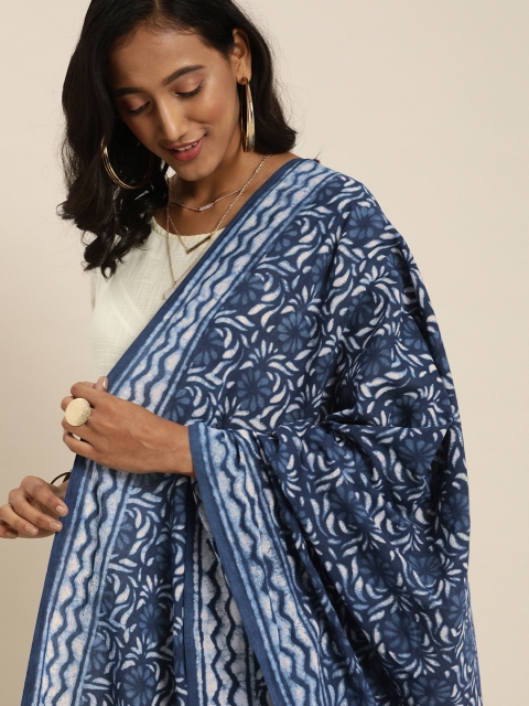 

Taavi Women Navy Blue & White Indigo Printed Dupatta