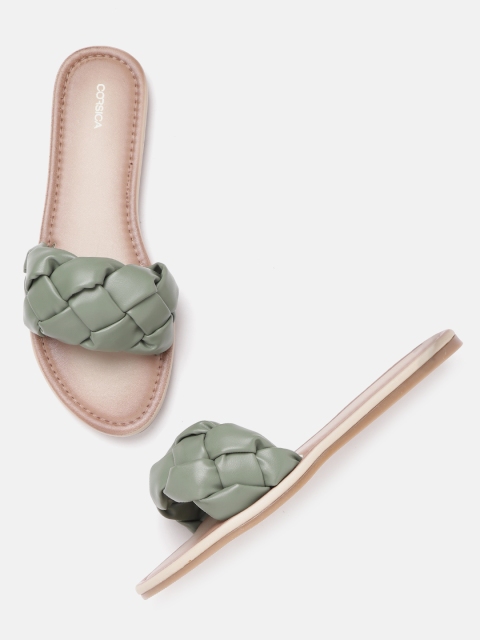 

CORSICA Women Olive Green Braided Woven Design Open Toe Flats