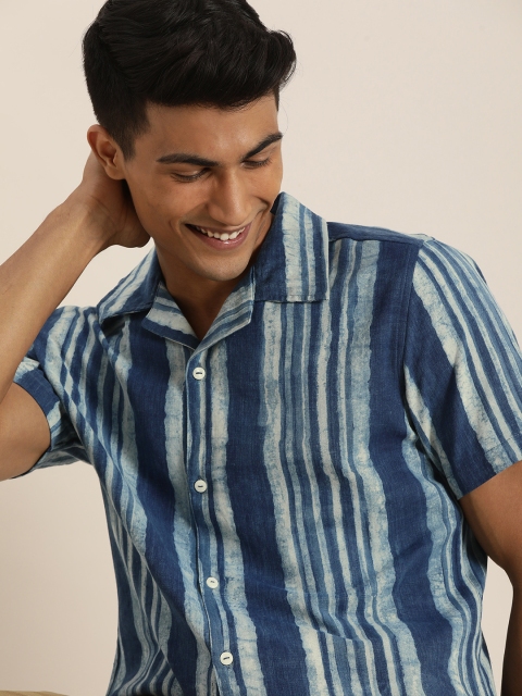

Taavi Men Navy Blue Indigo Dyed Opaque Sustainable Casual Shirt with Cuban Collar