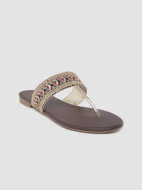 

Anouk Women Gold-Toned & Navy Blue Ethnic Embellished T-Strap Flats