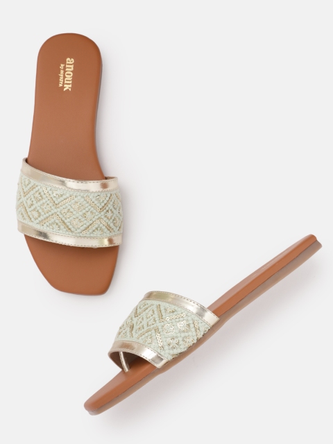 

Anouk Women Green & Gold-Toned Embroidered Open Toe Flats