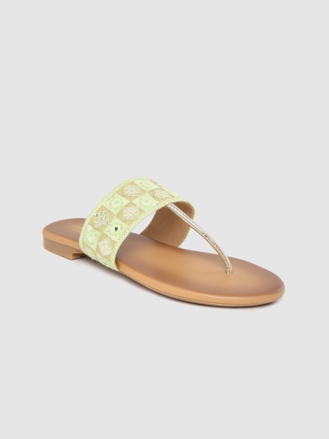 

Anouk Women Green & Gold-Toned Embroidered Mirror Work Ethnic T-Strap Flats