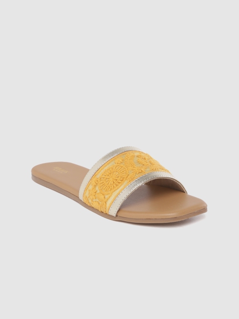 

Anouk Women Mustard Yellow & Gold-Toned Floral Embroidered Open Toe Flats
