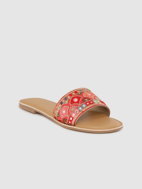 

Anouk Women Red & Gold-Toned Embellished Ethnic Open Toe Flats with Mirror Work Detail