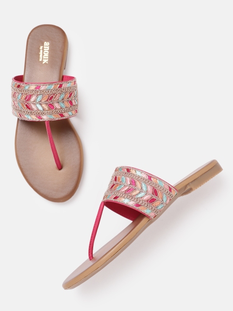 

Anouk Women Pink & Green Embroidered T-Strap Flats